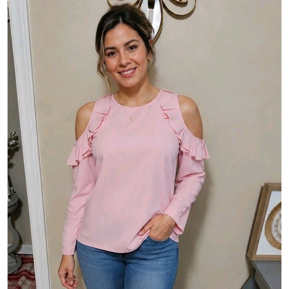 Ted Baker London Blouse Womens Pink Cold Shoulder Ruffle Sz 2  US 6  Long Sleeve